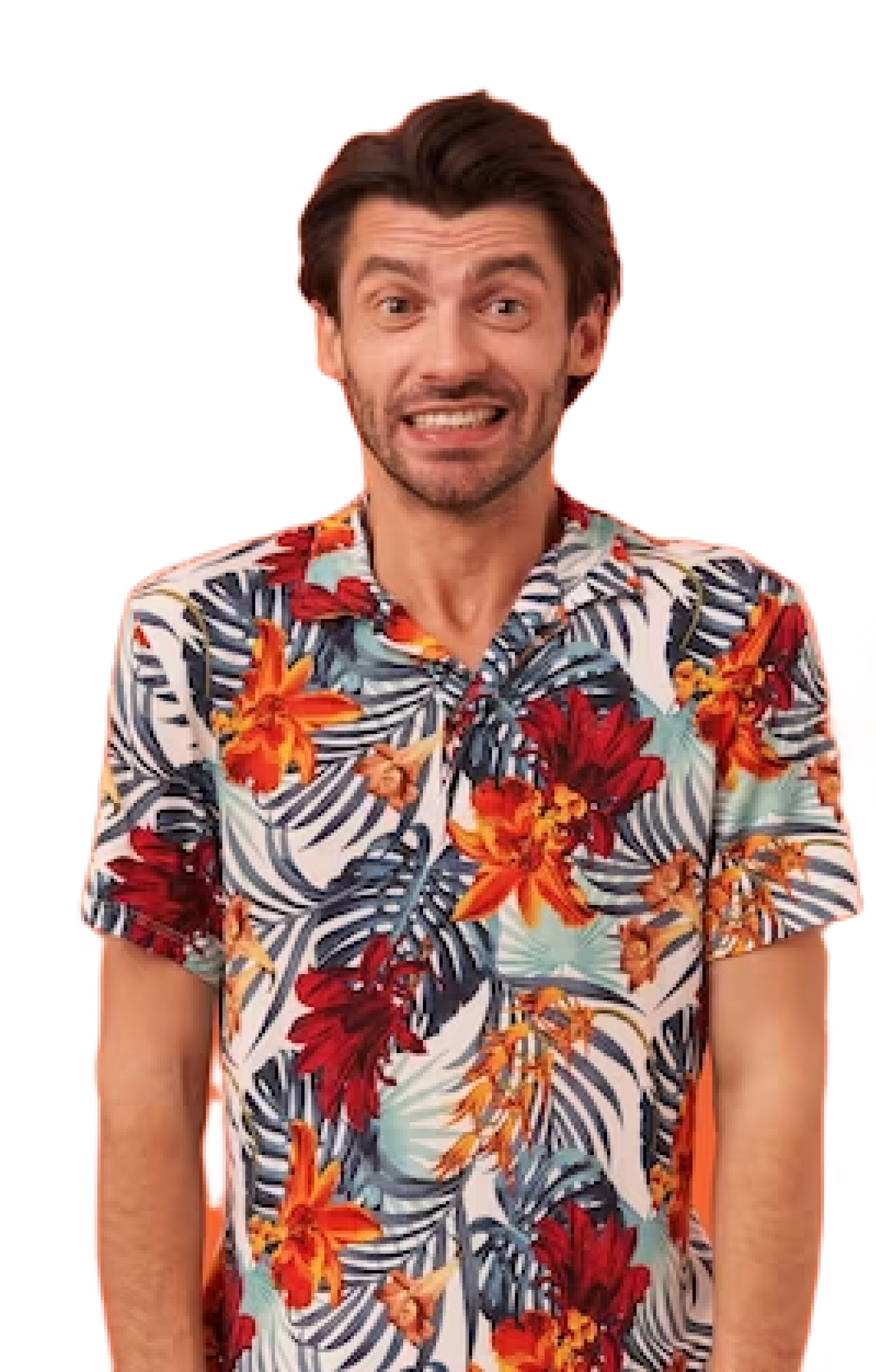 Studio shot of unconfident embarrassed young man with stubble in colourful shirt feels confused 